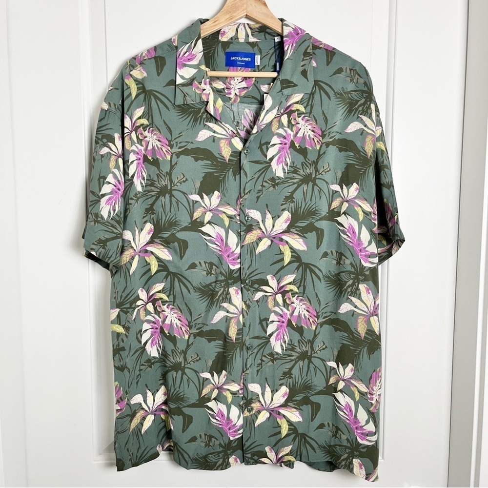 NWT Jack & Jones Green & Pink Floral Hawaiian Button-Down Shirt - Large - Picture 5 of 16